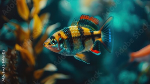 Macro Photography. Animal Close up. Macro photo of tiger barb fish roaming around in the aquarium.