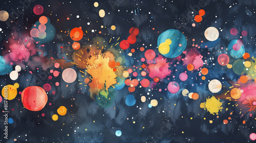 A painting featuring watercolor circles in a fireworks theme bursting with an array of colors on a blue backdrop, background