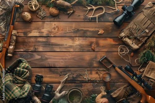 Realistic hunting setup with gear, wildlife, and outdoor elements on a rugged wooden backdrop.