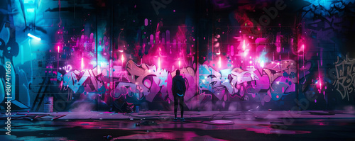 Illuminate the essence of street art with a modern twist! Showcase a dynamic rear view of a mural, blending street art vibe with futuristic lighting effects Push boundaries with CG 3D rendering and ne