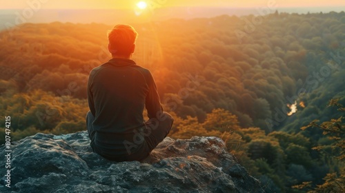 Man sitting on top of a mountain while contemplating the sunset. Person having reflections and thoughts while