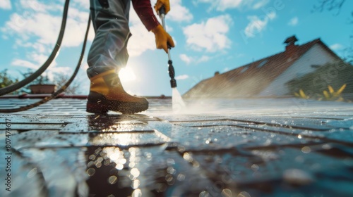 Dynamic shot of a professional using a pressure washer on a roof, focusing on the spray and the meticulous cleaning process