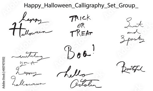 Happy halloween font text calligraphy hand lettering boo trick of treat black color 31 thrity one day october month pumpkin horror autumn scarey character icon object fear costume symbol sign element 