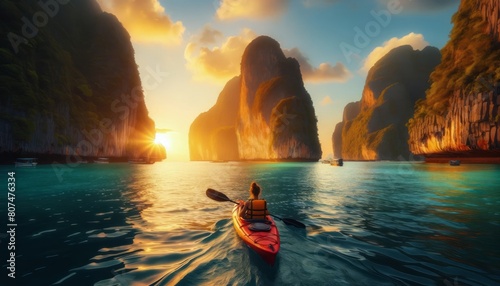 kayaker ventures into the open sea, navigating the calm turquoise waters near towering limestone cliffs. The sunset casts a warm, golden glow
