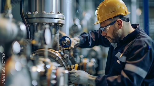 Detailed shot of a repair service in action at a biogas plant, with a technician using advanced tools to ensure operational efficiency