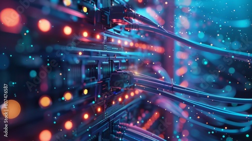 Fiber Optic cables connected to ports in a data center generative ai