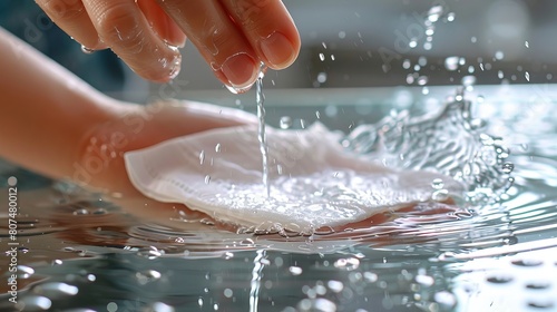 Close view of a hand cleaning a clear glass surface with a napkin, focusing on the pristine hygiene and water drops, indoor setting