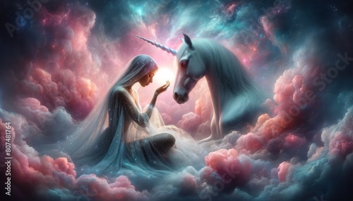 cosmic dreamscape where a woman and a majestic unicorn are touching foreheads, surrounded by a nebula of pastel