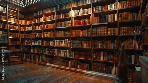 Attractive No people panning slowmo shot of modern library interior with wooden bookcases