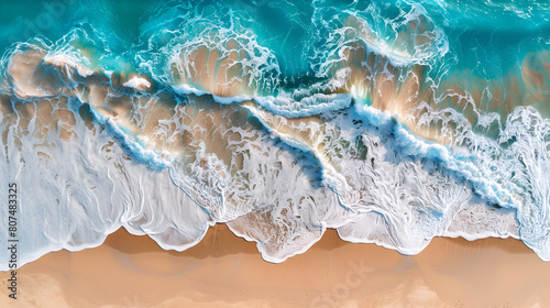 Aerial view of the ocean waves crashing onto an orange sandy beach,