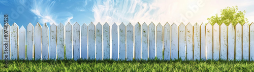Backyard with a classic white picket fence and neatly trimmed grass. AI generated.