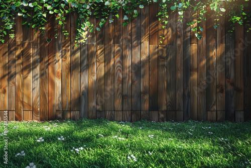 A wooden fence surrounds the backyard and adjoins the grassy lawn. AI technology.