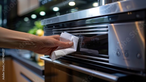 Close-up action shot of a white paper napkin wiping a glossy black microwave door, showcasing routine kitchen cleaning