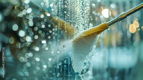 Close-up action shot of a glass pane being cleaned with a rubber puller, emphasizing the hygiene aspects with glistening water drops
