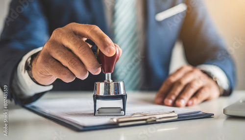 Businessman's hand stamps document with metal stamp on white table for official signature and professional authentication