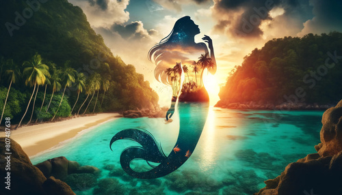 Double Exposure style, featuring the silhouette of a mermaid combined with a tropical beach