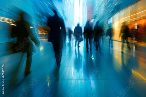 People walking in a busy city street with motion blur.