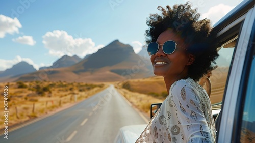 Woman on the road from car window, enjoying desert view and traveling in summer vacation and explore the freedom of nature in the sun
