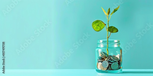 a glass jar with coins from which a green sprout grows on a blue background