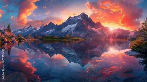 sunset mountainscape, with rugged peaks towering above a tranquil alpine lake