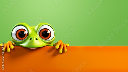 A playful frog with big eyes curiously peeks over a bright colored edge, Ai Generated