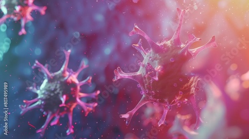 Macro shot of virus cells on abstract backdrop, depicting pandemic infection. Ai Generated