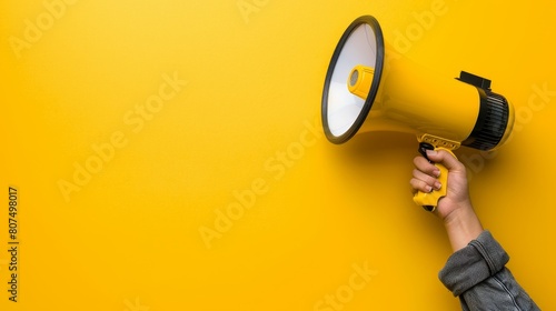 A hand holding a megaphone against a yellow background, providing a bold contrast with ample copy space, Ai Generated