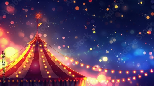 A circus tent illuminated with lights at night, showcasing the cirque facade and festive attraction, Ai Generated