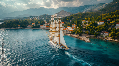 view of the garda, Aerial View of a Large Sailing Boat Next to Hvar