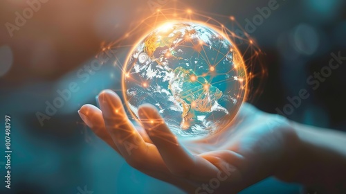 Holographic globe in a human hand, representing global connectivity and data access