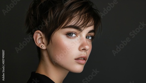 A minimalistic pixie cut with soft edges and precise angles, exuding effortless sophistication.