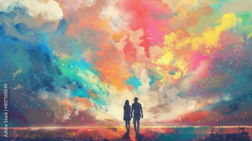 A couple in love walking together in a surrealistic landscape, Ai Generated