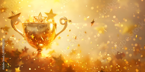  Champion golden trophy with gold stars Champion golden winners trophy cup on a shining bokeh background 