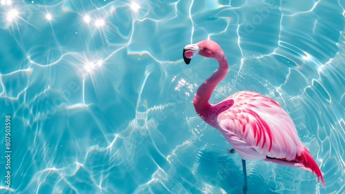 Top view of shadow on pool water surface with a pink flamingo floating in the water. Beautiful abstract background concept banner.