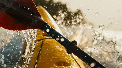 Kayaking paddle, close-up on water droplets splashing, bright daylight, vibrant action