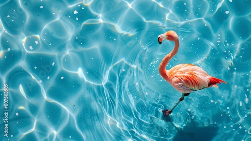 Top view of shadow on pool water surface with a pink flamingo floating in the water. Beautiful abstract background concept banner.