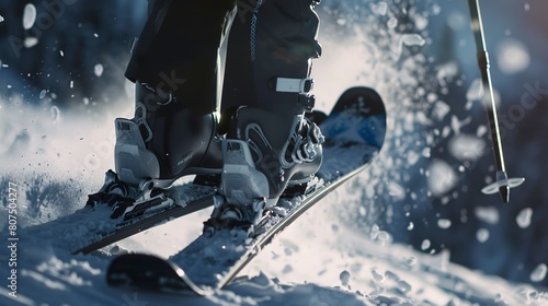 Icy ski slopes, close-up on skier's boots and skis, snow particles flying 