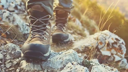 High-tech hiking boots on rocky trail, close-up of rugged soles and laces 