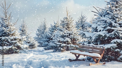 A cozy winter scene with a rustic wooden sled and evergreen trees covered in snow, invoking holiday nostalgia.
