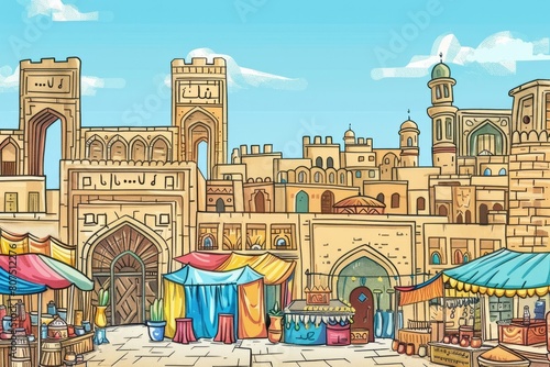 Cartoon cute doodles of ornate palaces and bustling bazaars in an ancient Persian city like Persepolis or Susa, showcasing the wealth, Generative AI