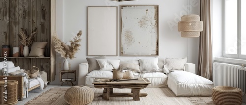 In the interior of a living room, a rustic decor element is captured in a 3D Mockup frame, 3D render sharpen