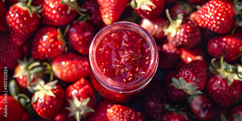 the homemade strawberry jam in the glass jar is surrounded fresh strawberries, generative AI