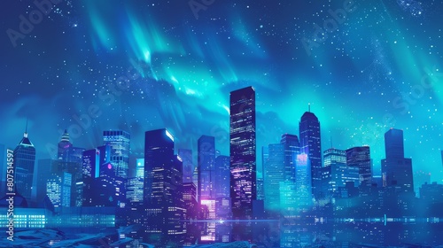 Aurora over a neon lit futuristic cityscape