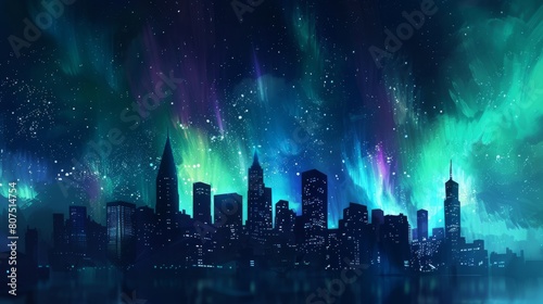 City skyline meets cosmic aurora in a spectacular fusion of night and light