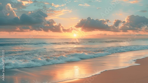 dreamy coastal sunrises illuminate a serene blue sky and fluffy white clouds, with gentle waves lapping at the shore