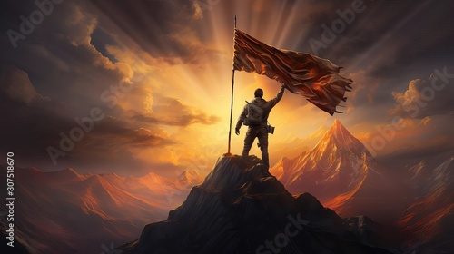 Explorer triumphantly reaching the peak, flag in hand, against a backdrop of golden sunrise