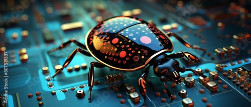 Debugging visualized by a ladybug on electronic circuitry, exploring system flaws