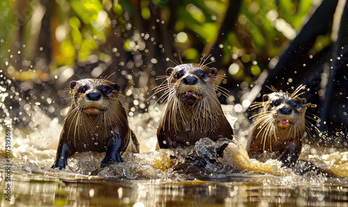 Three otters on a riverbank appear playful and inquisitive. Generate AI