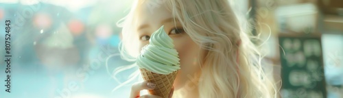 ulzzang female, charming, white long hair, with a matcha soft serve cone, backlighting, Polaroid film style, gentle and pastel ambiance