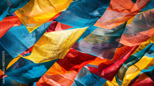  A pattern of colorful Tibetan prayer flags, fluttering in the wind and carrying prayers, evoking a sense of spirituality, peace, and the cultural practices of Tibet.